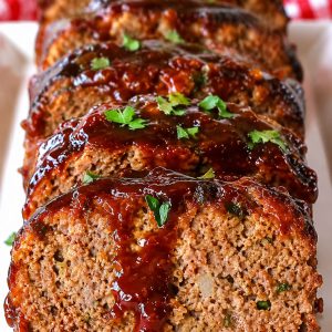 Close-up of sliced BBQ meatloaf showing juicy tender interior texture with thick sticky BBQ sauce glaze