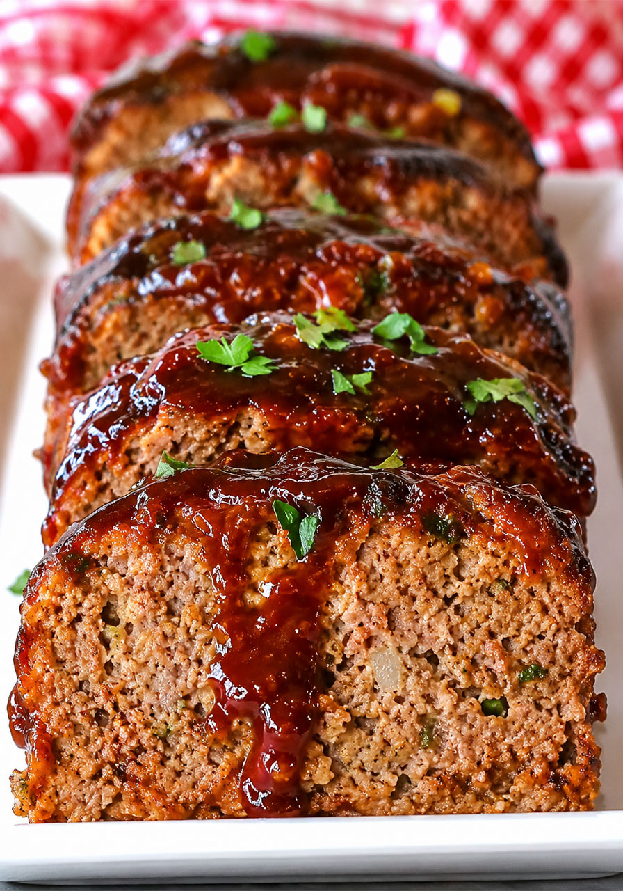 Close-up of sliced BBQ meatloaf showing juicy tender interior texture with thick sticky BBQ sauce glaze