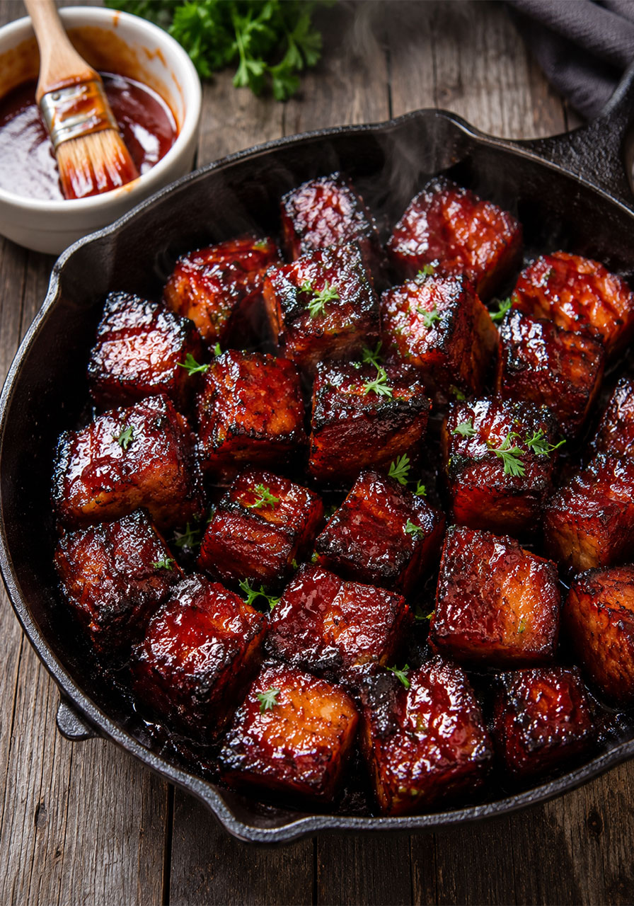 Sticky caramelized BBQ pork belly burnt ends in cast iron skillet for summer party cookout
