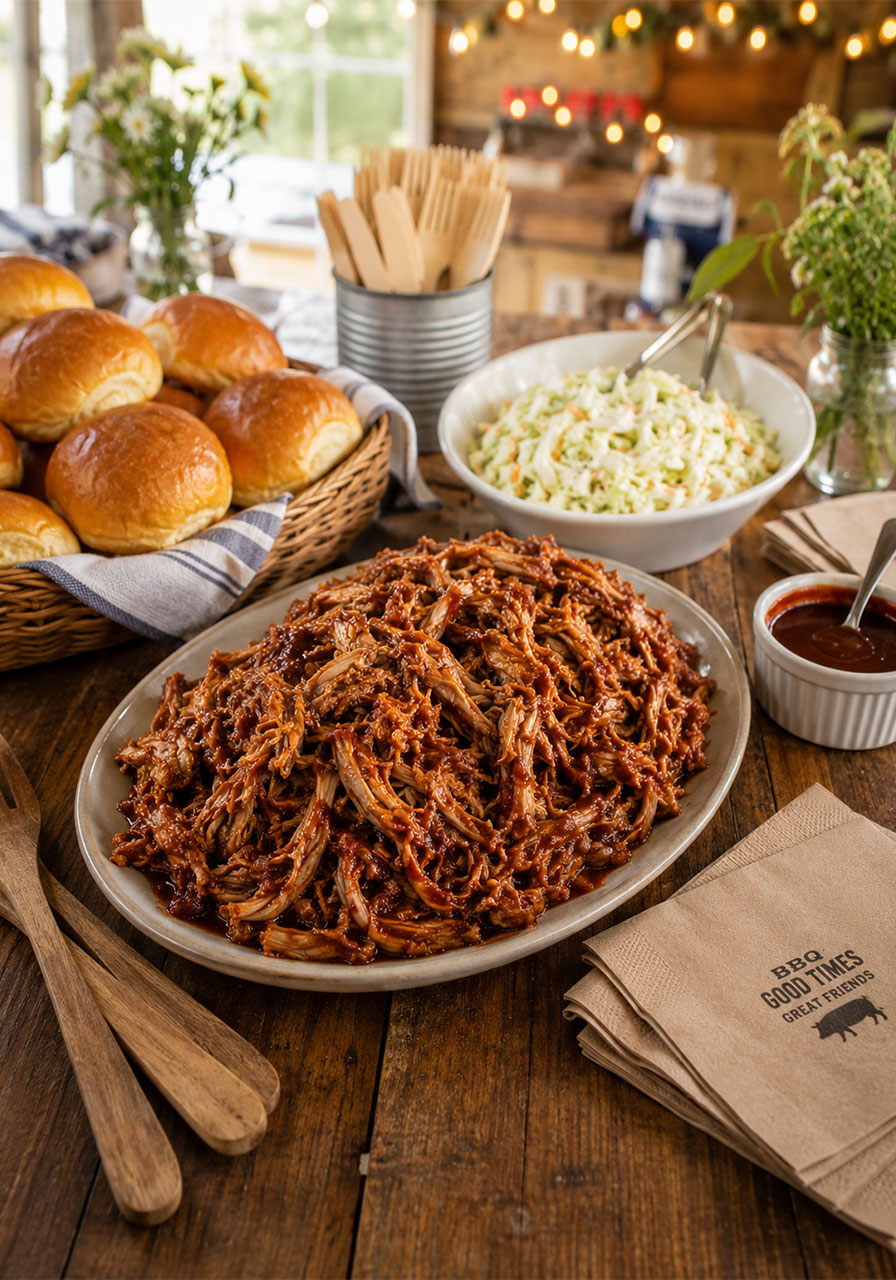 Party serving spread with a platter of BBQ pulled pork surrounded by brioche buns, creamy coleslaw, and extra BBQ sauce on a rustic farmhouse table for a crowd-pleasing party food setup