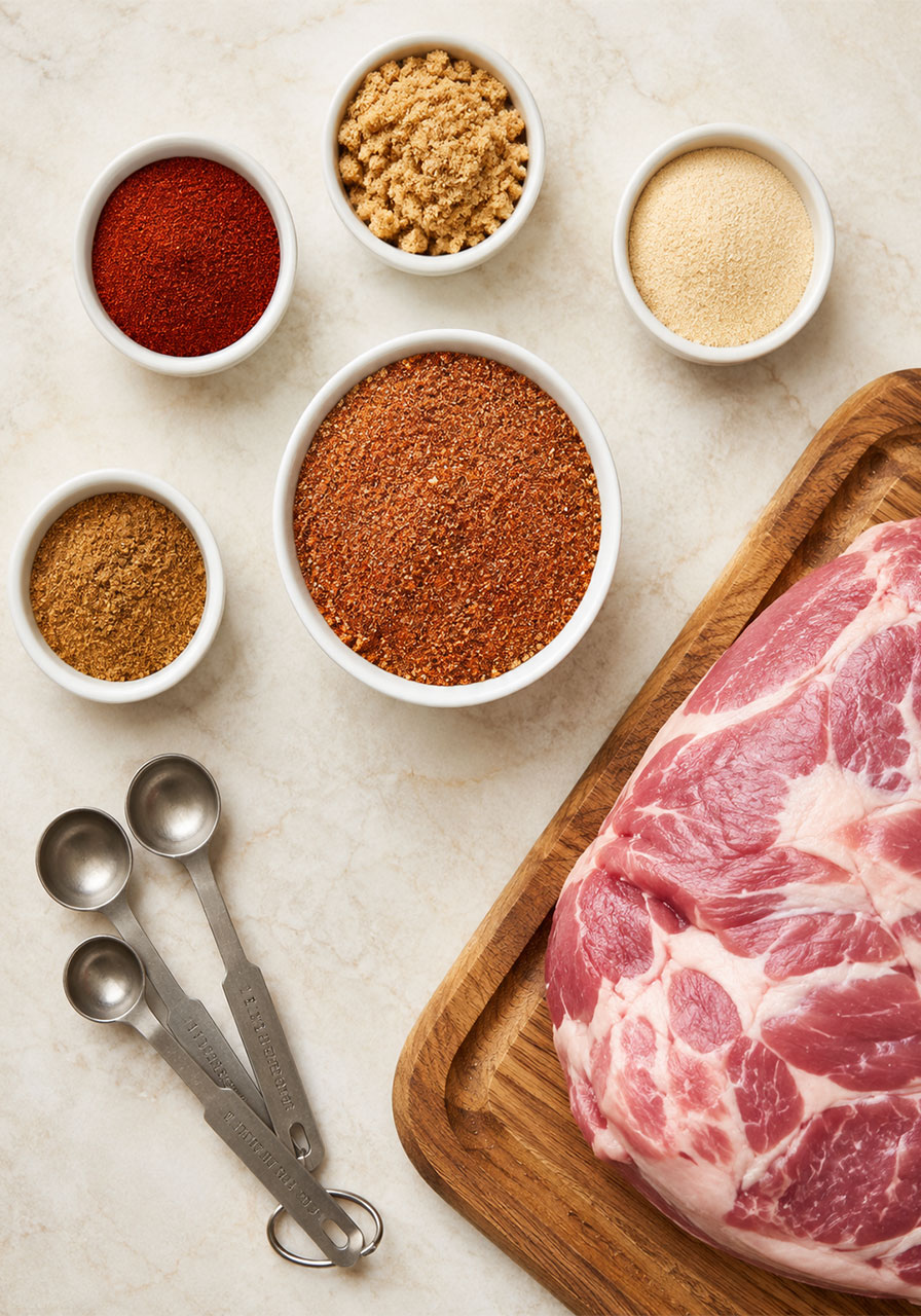 Flat lay of spice rub ingredients for crock pot BBQ pulled pork including paprika, brown sugar, garlic powder, cumin, and raw pork shoulder on marble countertop