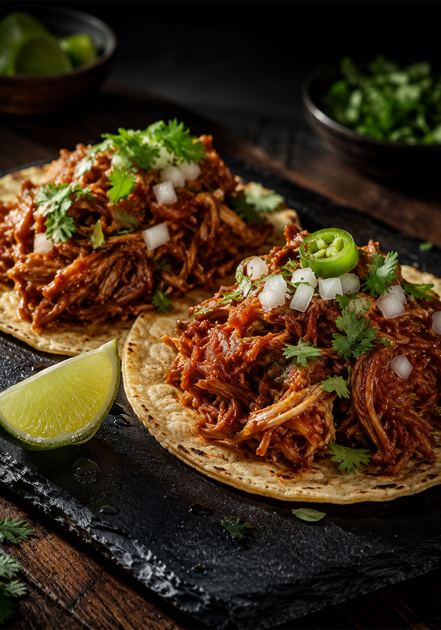 Two corn tortilla tacos filled with saucy BBQ pulled pork topped with white onion, fresh cilantro, and jalapeño slices on a black slate board, a Mexican-style variation of crock pot pulled pork