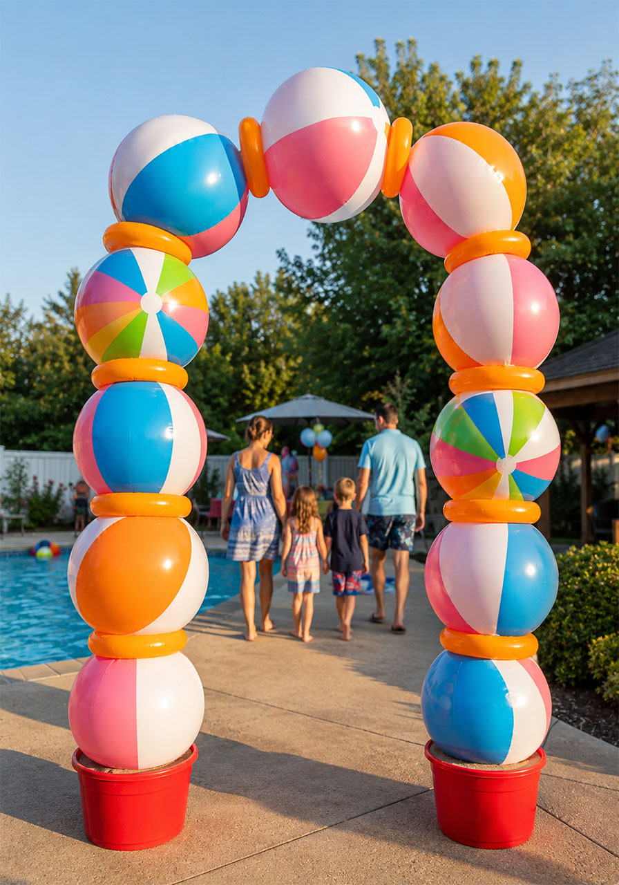 Colorful beach ball arch entrance decoration at a summer pool party using inflatable beach balls and swim rings