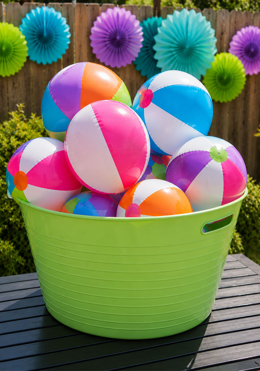 Lime green tub overflowing with colorful inflatable beach balls as centerpiece decoration at kids pools and popsicles party