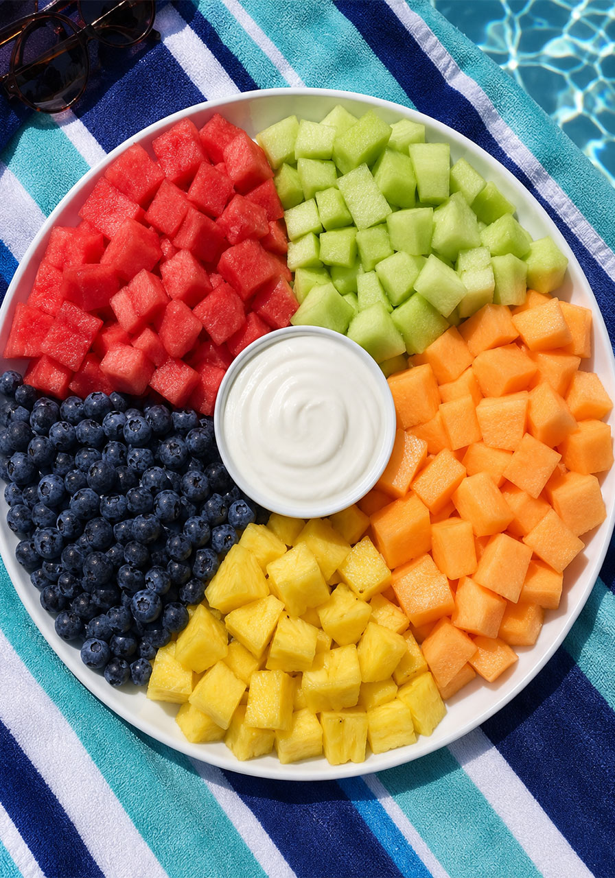 Fruit platter arranged in colorful beach ball pattern with yogurt dip center