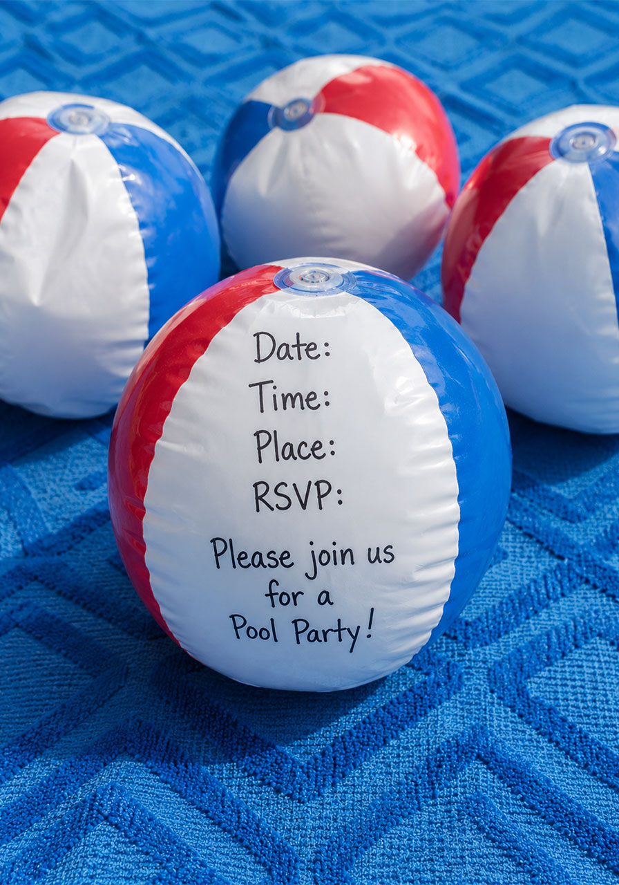 DIY beach ball pool party invitations with handwritten party details in black marker displayed on a blue beach towel