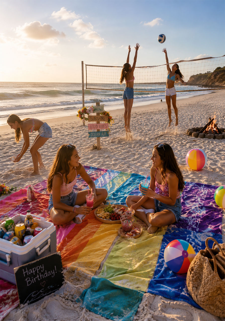 Teen girls beach bash birthday party with volleyball bonfire and beach towels on sandy shore