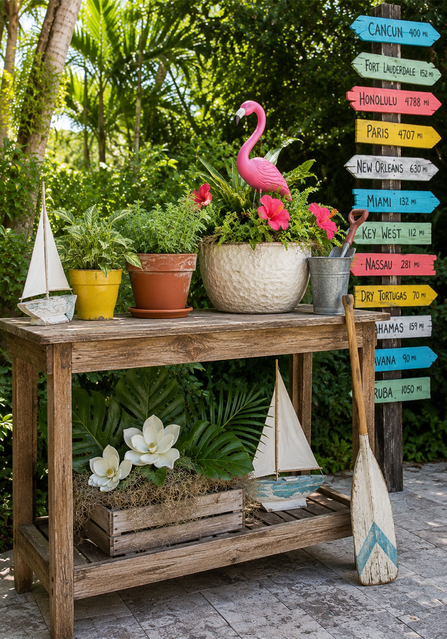 Beachy vignette display with plants, flamingo, sailboat, and oar props styled for a Key West summer party