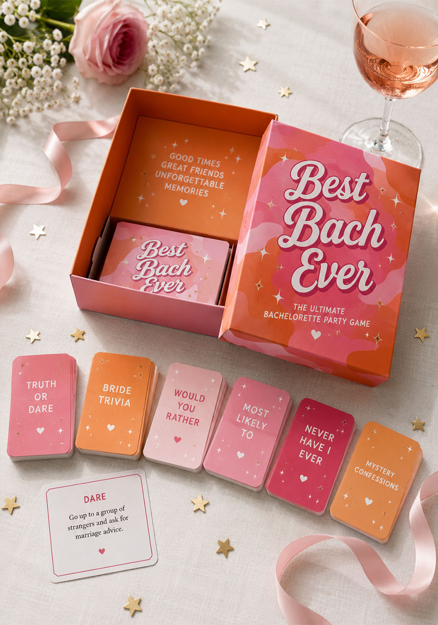 Best Bach Ever bachelorette party game box open flat lay showing six game card decks including Truth or Dare and trivia