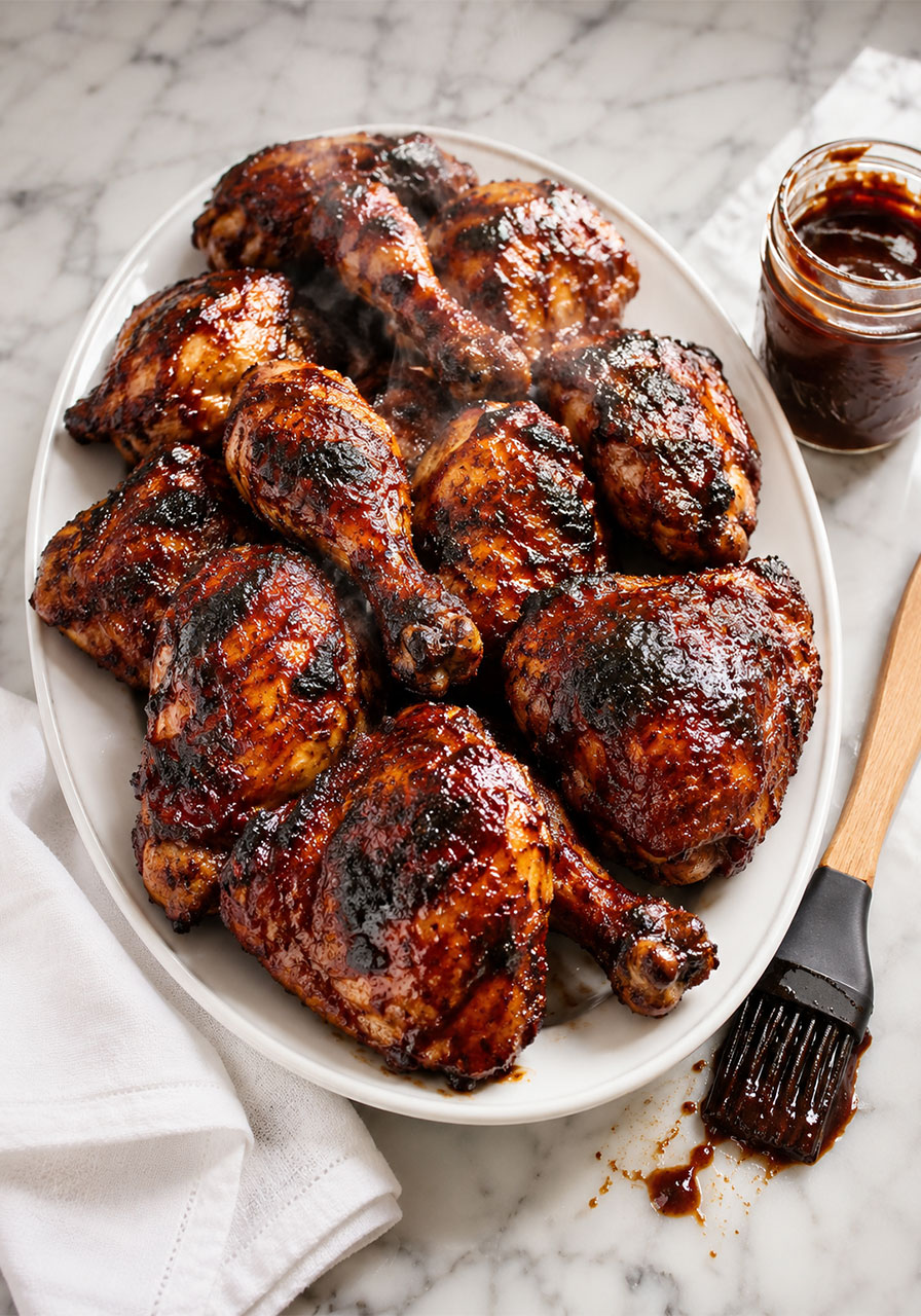 Best BBQ chicken recipe — platter of charred glazed chicken thighs and drumsticks with homemade BBQ sauce