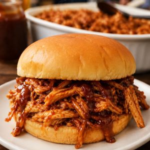 Best crockpot BBQ chicken sandwich piled high with saucy shredded pulled chicken on a soft bun