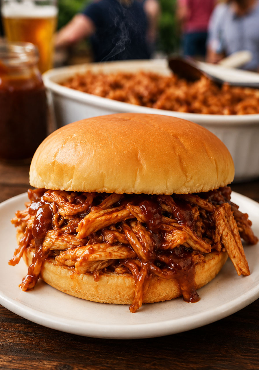 Best crockpot BBQ chicken sandwich piled high with saucy shredded pulled chicken on a soft bun