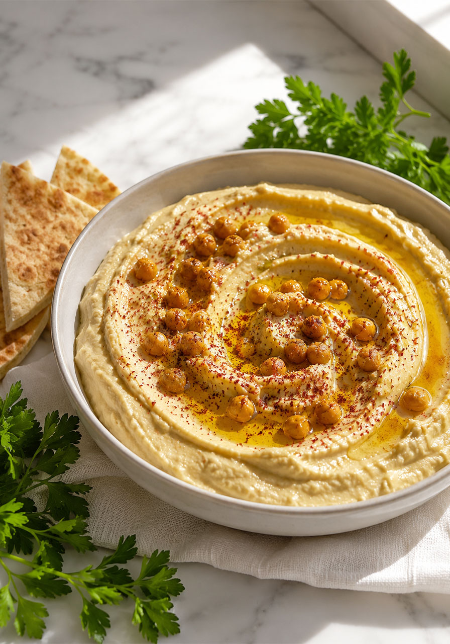Smooth homemade hummus drizzled with olive oil, topped with roasted chickpeas and sumac for a summer party