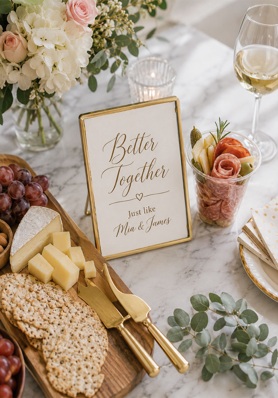 Better Together personalized sign at cheese and charcuterie pairing station on white marble at bridal shower