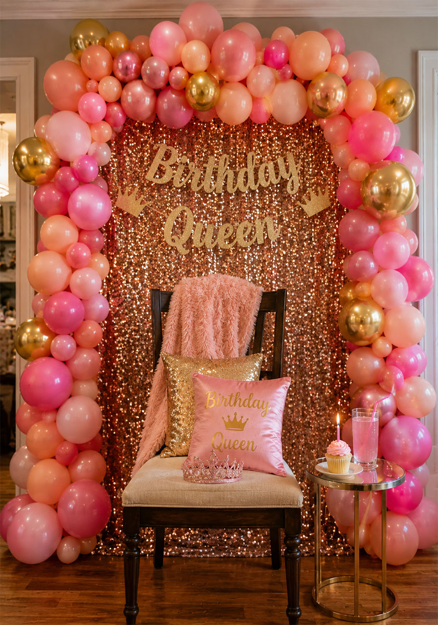 Birthday throne chair decorated with pink and gold balloon garland rose gold sequin backdrop and Birthday Queen banner for a special 10th birthday celebration spot