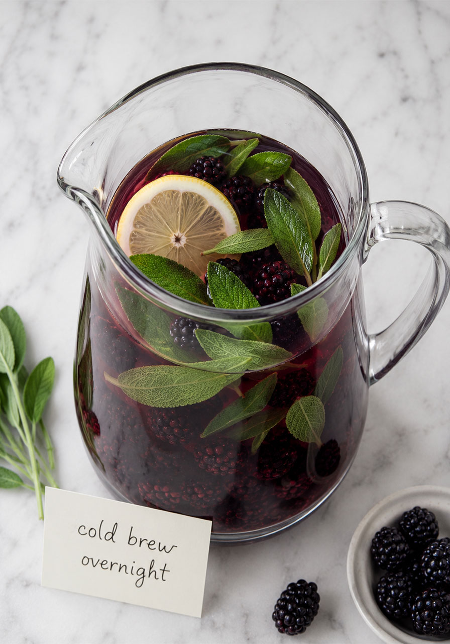 Glass pitcher of blackberry sage iced tea ingredients cold brewing overnight
