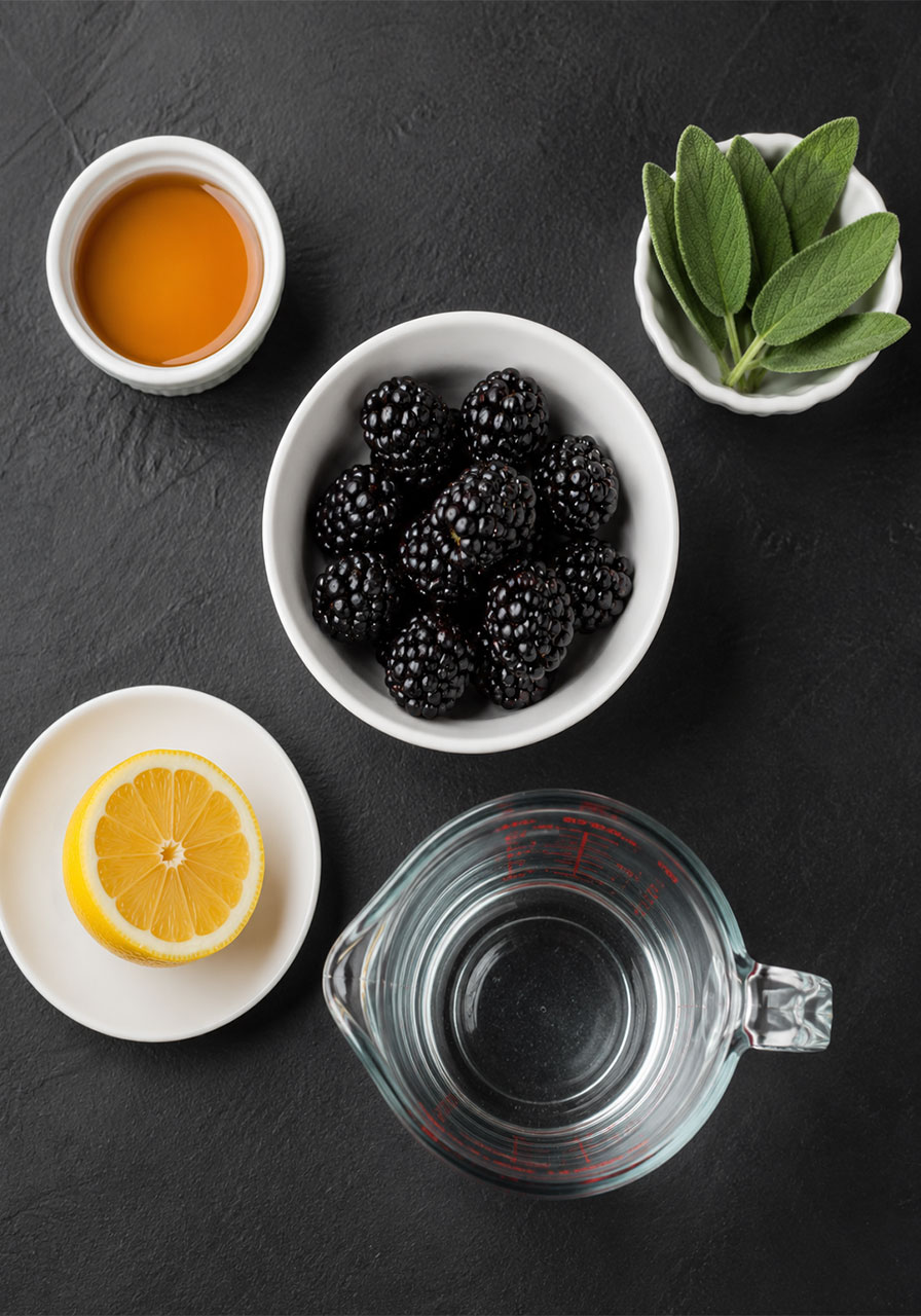 Ingredients for blackberry sage iced tea including fresh blackberries, sage leaves, lemon, and maple syrup