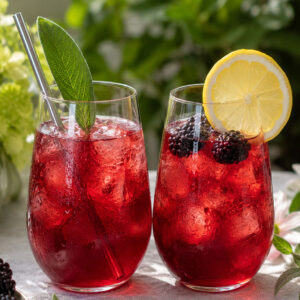 Two glasses of blackberry sage iced tea garnished with lemon and sage for summer party serving