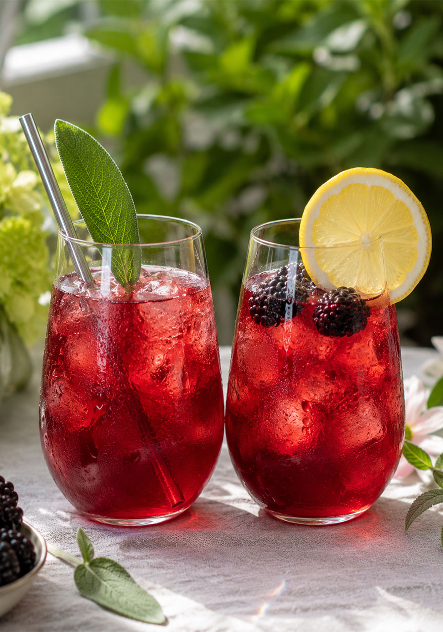 Two glasses of blackberry sage iced tea garnished with lemon and sage for summer party serving