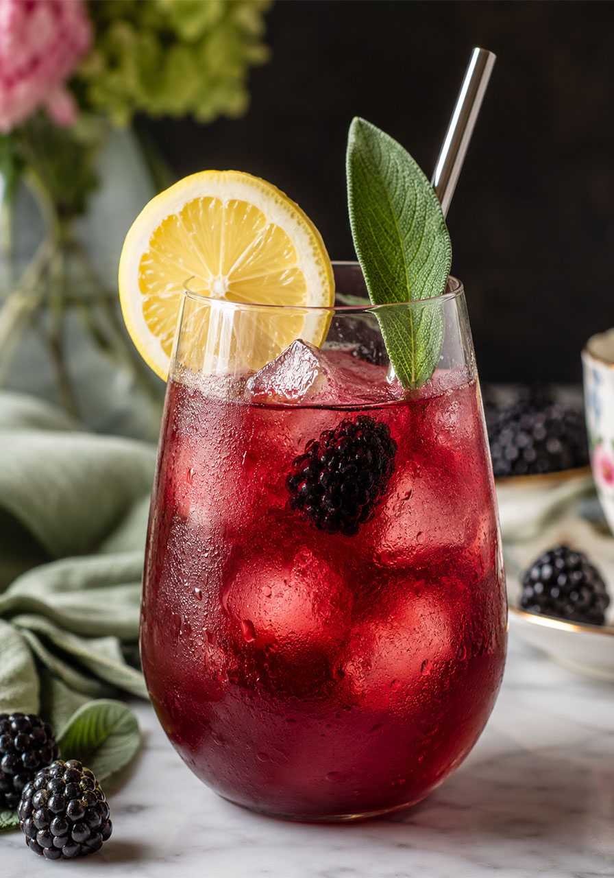 Blackberry sage iced tea in a glass with lemon and fresh sage garnish
