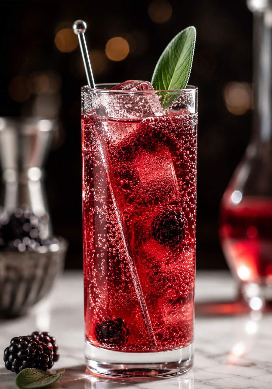 Sparkling blackberry sage iced tea mocktail version with carbonation bubbles in a highball glass