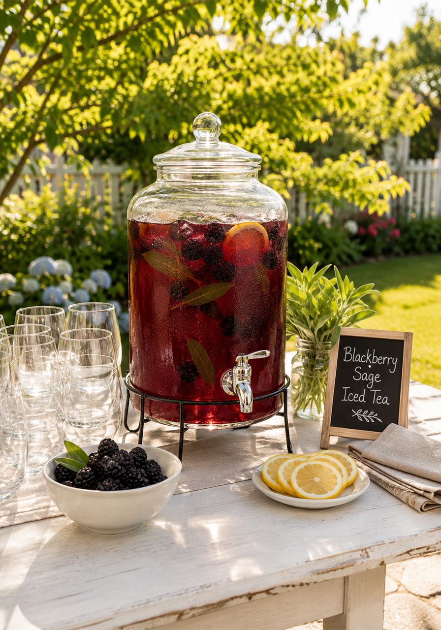 Self-serve blackberry sage iced tea drink station setup for a summer party with garnishes and dispenser