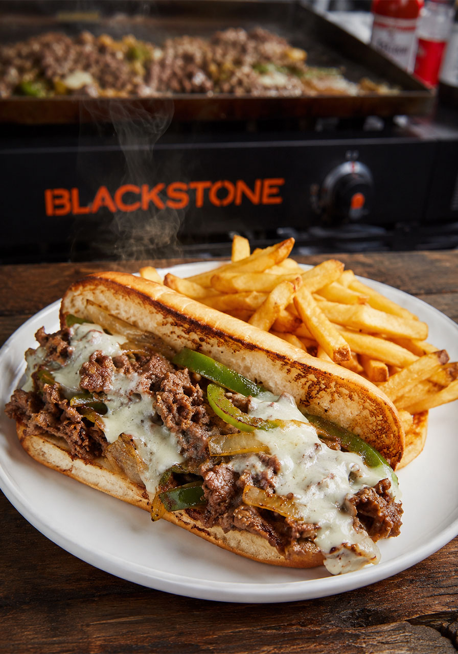 Authentic Blackstone Philly cheesesteak sandwich with melted provolone, ribeye, peppers and onions on a toasted hoagie roll