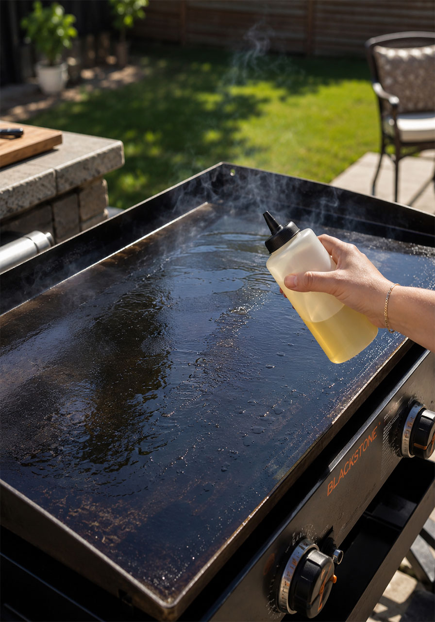 Blackstone griddle preheating with shimmering vegetable oil on mediumhigh heat