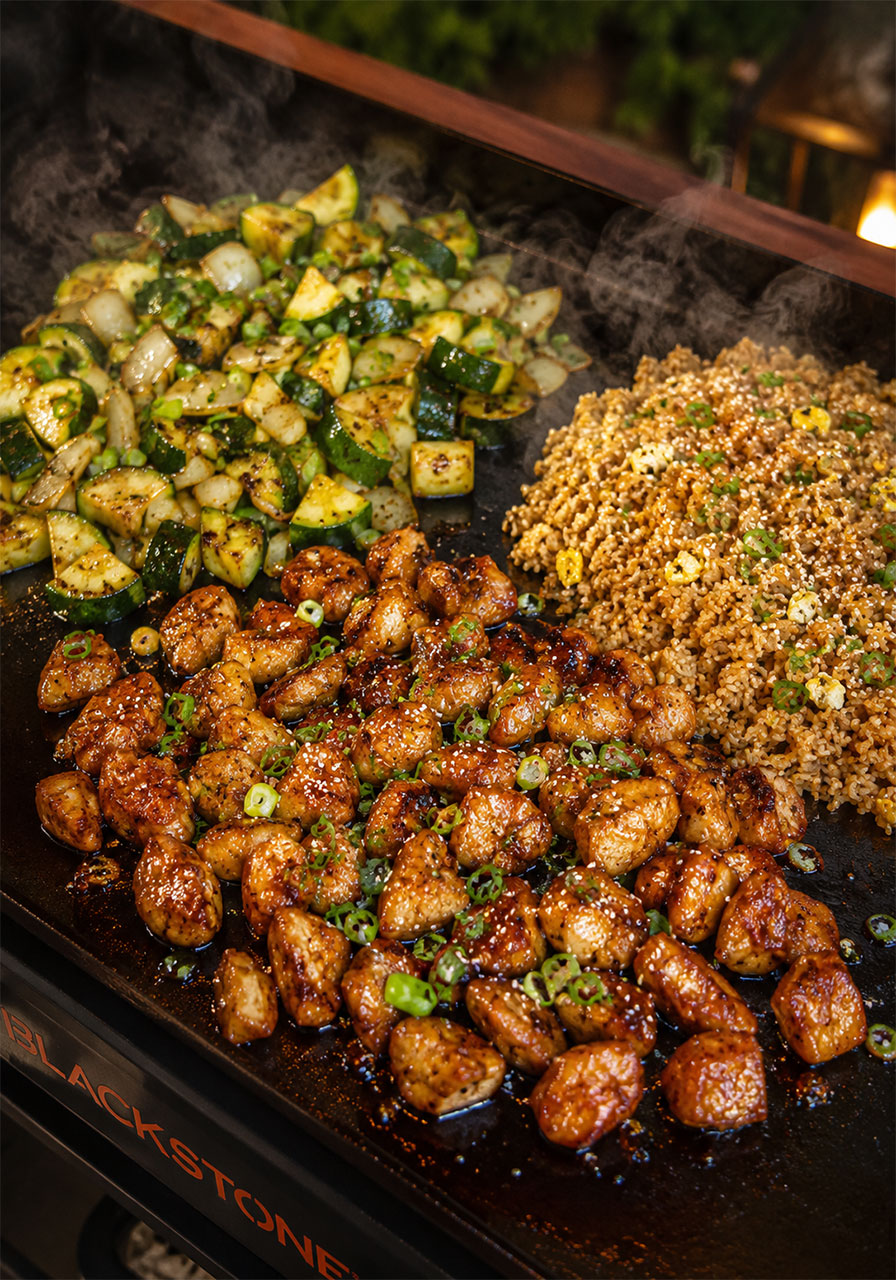 Finished Blackstone hibachi chicken with fried rice and zucchini on the griddle