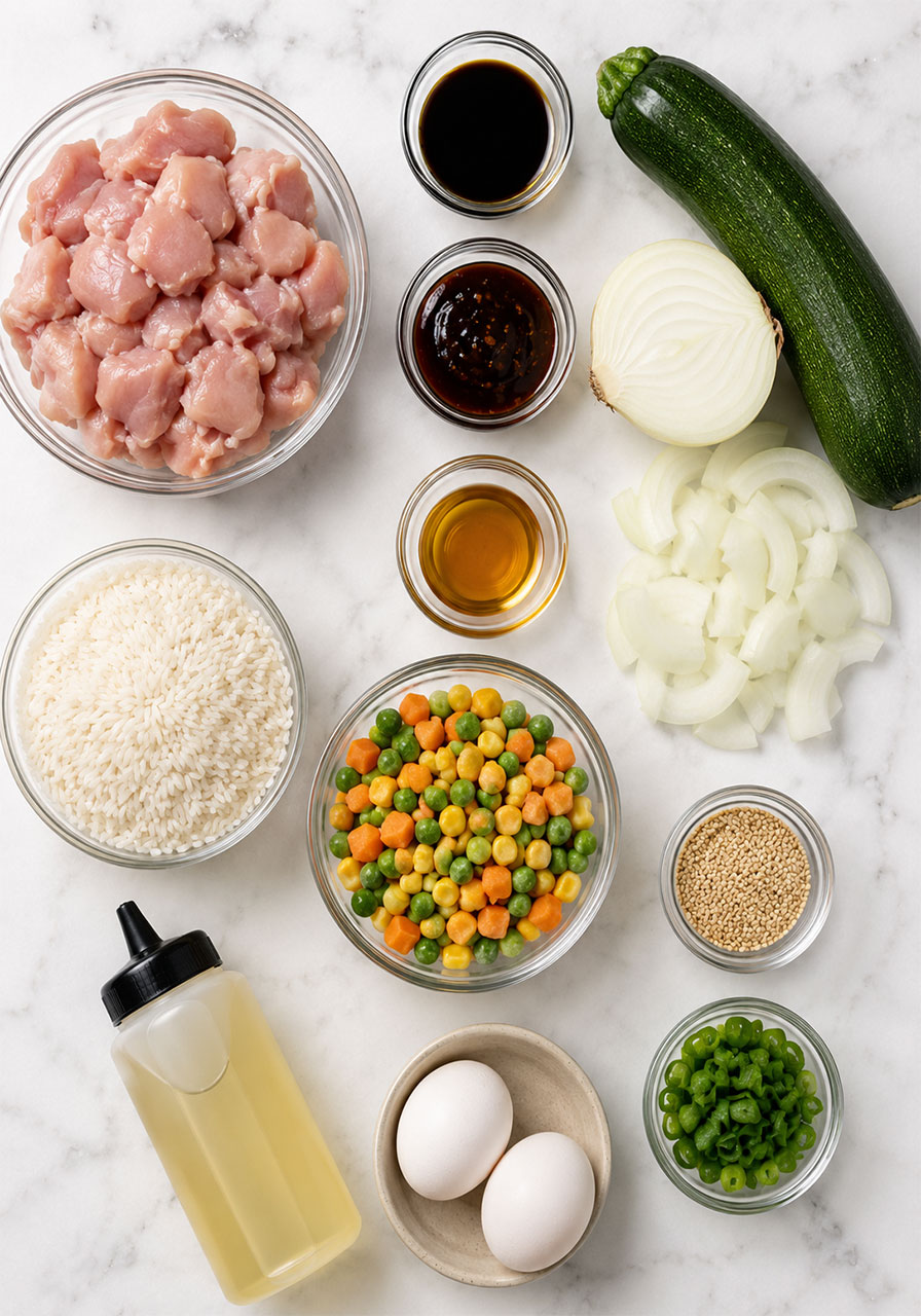 All ingredients for Blackstone hibachi chicken recipe including chicken thighs, soy sauce, teriyaki, vegetables, and rice