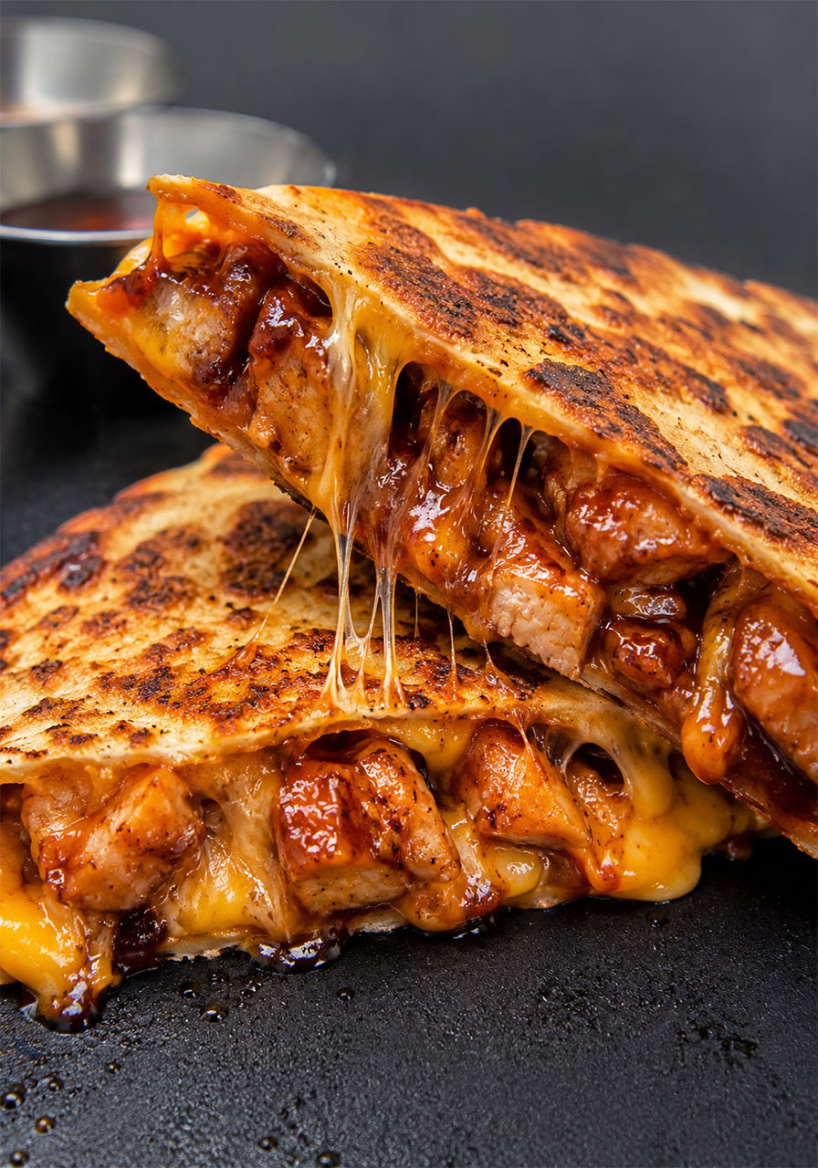 Blackstone hot honey BBQ chicken quesadilla cut open showing melted cheese pull and caramelized BBQ chicken filling