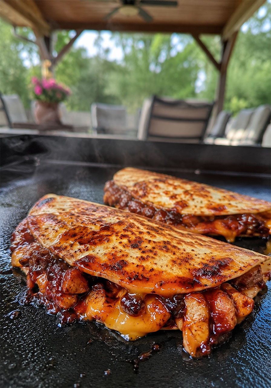 Two goldenbrown Blackstone hot honey BBQ chicken quesadillas with caramelized edges and melted cheese on flat top griddle