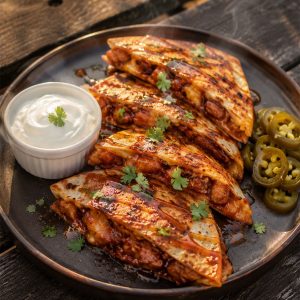Sliced Blackstone hot honey BBQ chicken quesadillas served on a plate with sour cream, pickled jalapeños, and hot honey drizzle