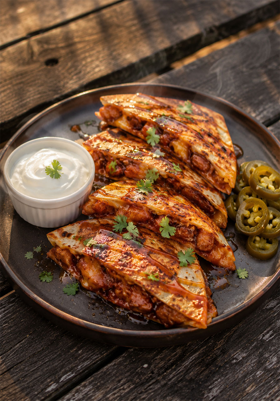 Sliced Blackstone hot honey BBQ chicken quesadillas served on a plate with sour cream, pickled jalapeños, and hot honey drizzle