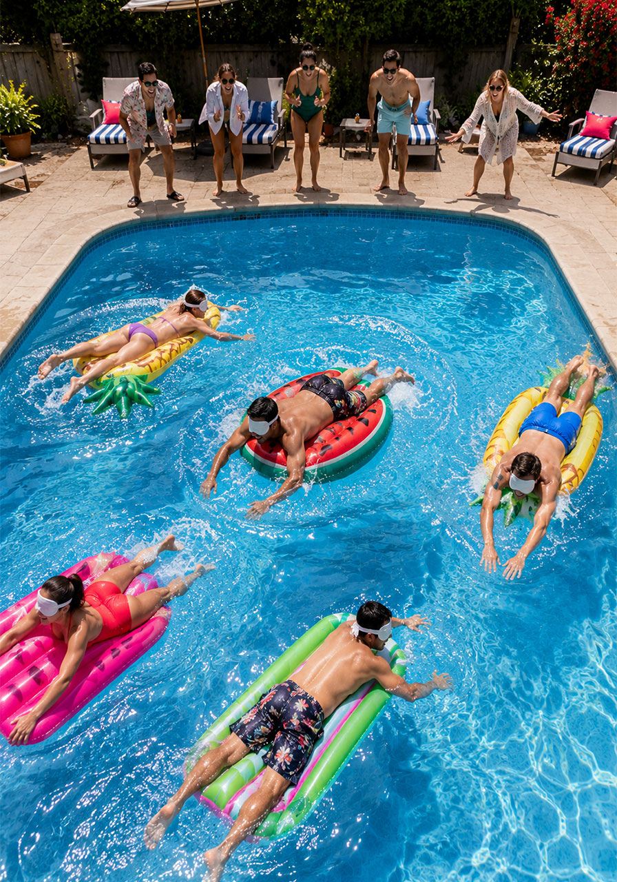 Blindfolded adults on pool floats paddling in chaos during blind float race pool party game overhead view