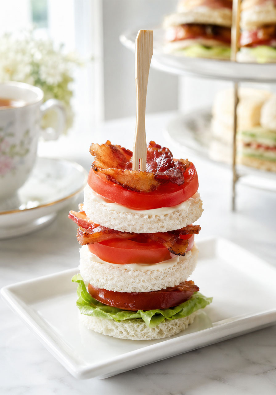 Double-stacked BLT tea sandwich with crispy bacon, tomato, and butter lettuce on a white plate, skewered with a cocktail fork