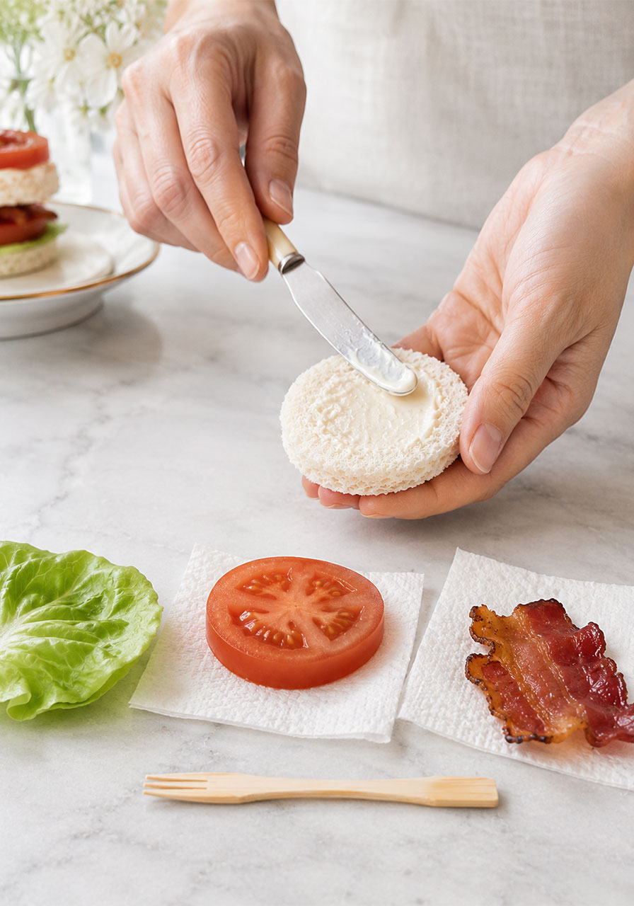 Hands spreading Japanese mayo on a round bread circle while assembling BLT tea sandwiches with lettuce, tomato, and bacon nearby