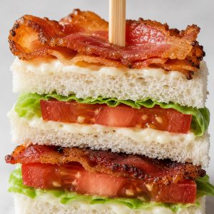 Cross-section of a double-stacked BLT tea sandwich showing all layers including bread, mayo, butter lettuce, tomato, and crispy bacon