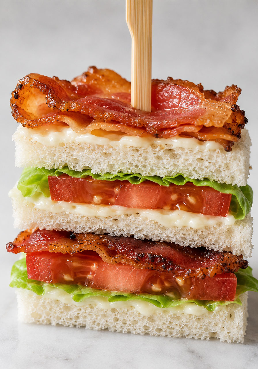 Cross-section of a double-stacked BLT tea sandwich showing all layers including bread, mayo, butter lettuce, tomato, and crispy bacon