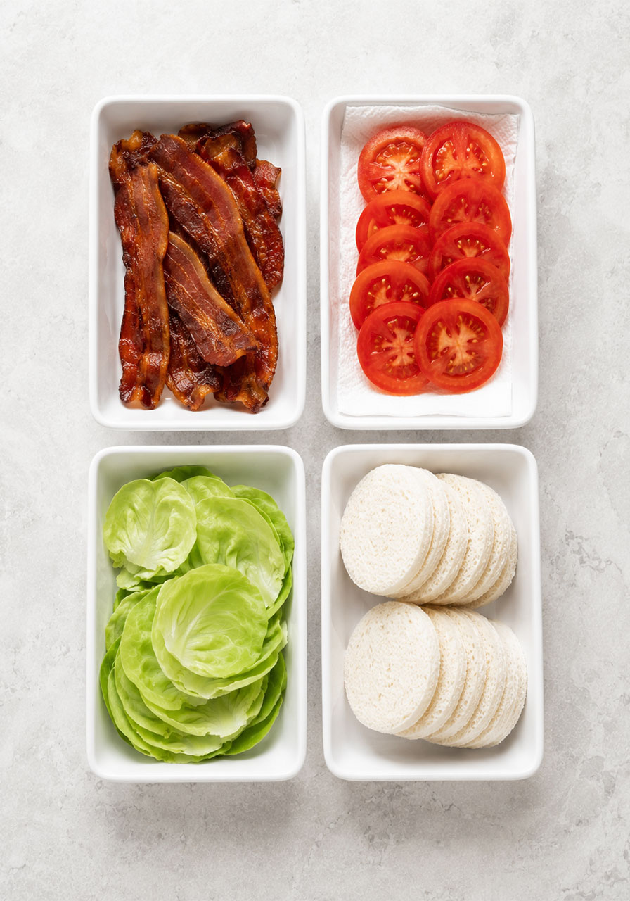 Four prep bowls with cooked bacon, sliced tomatoes, lettuce circles, and bread circles prepped ahead for BLT tea sandwiches