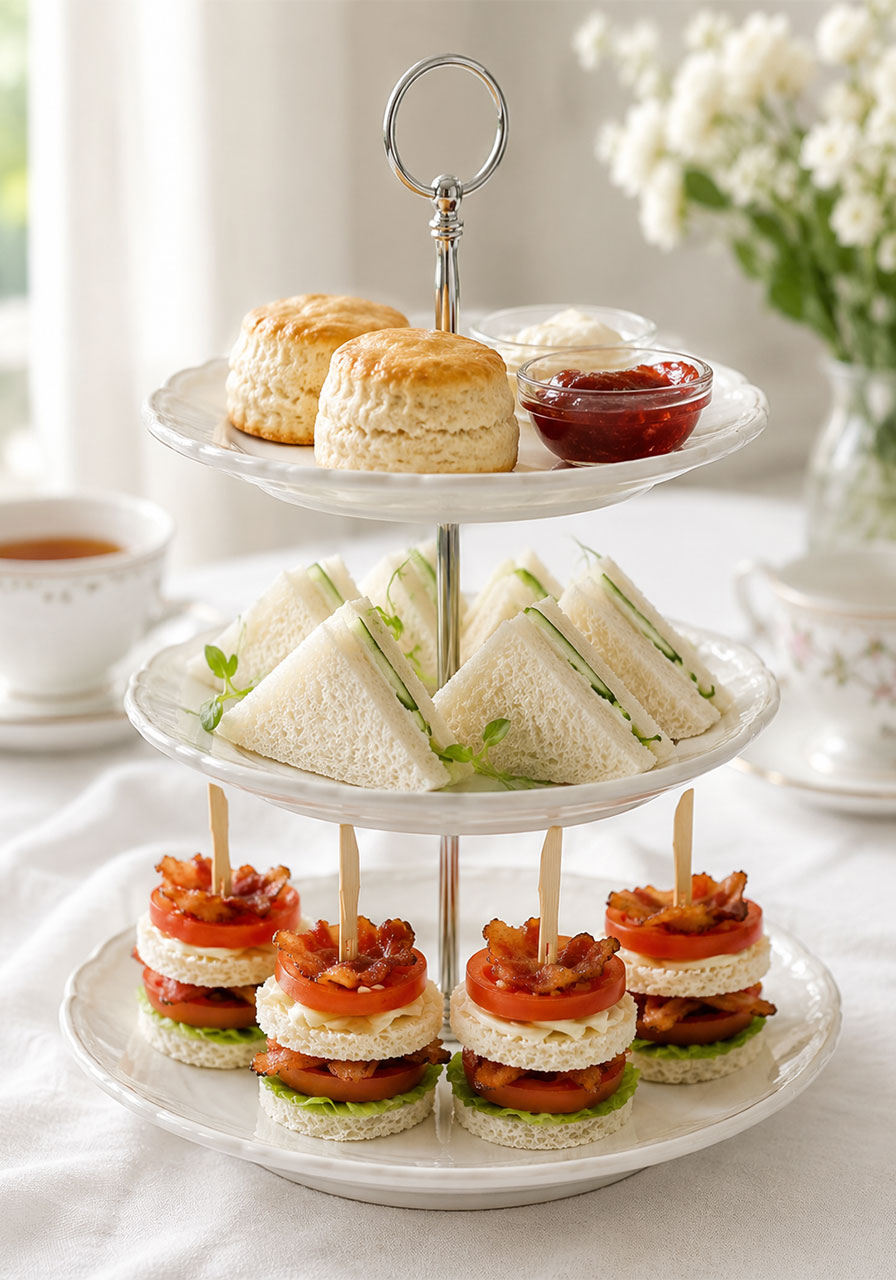 BLT tea sandwiches displayed on a three-tiered serving stand alongside scones and cucumber sandwiches for an afternoon tea party