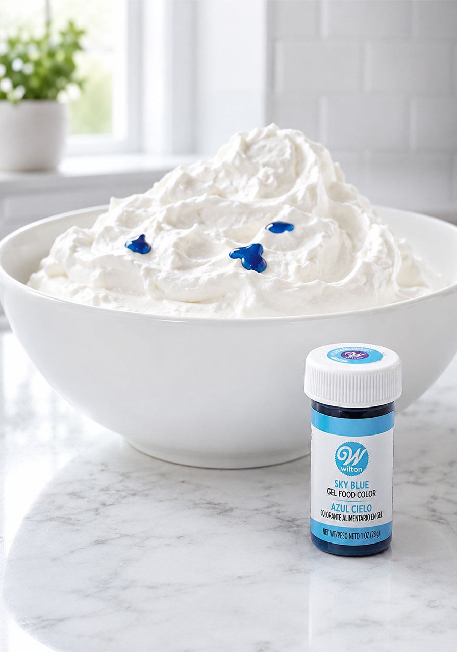 Adding blue gel food coloring to whipped topping to create ocean wave effect for Swimming Bears pool party Jello cups – summer dessert tutorial step