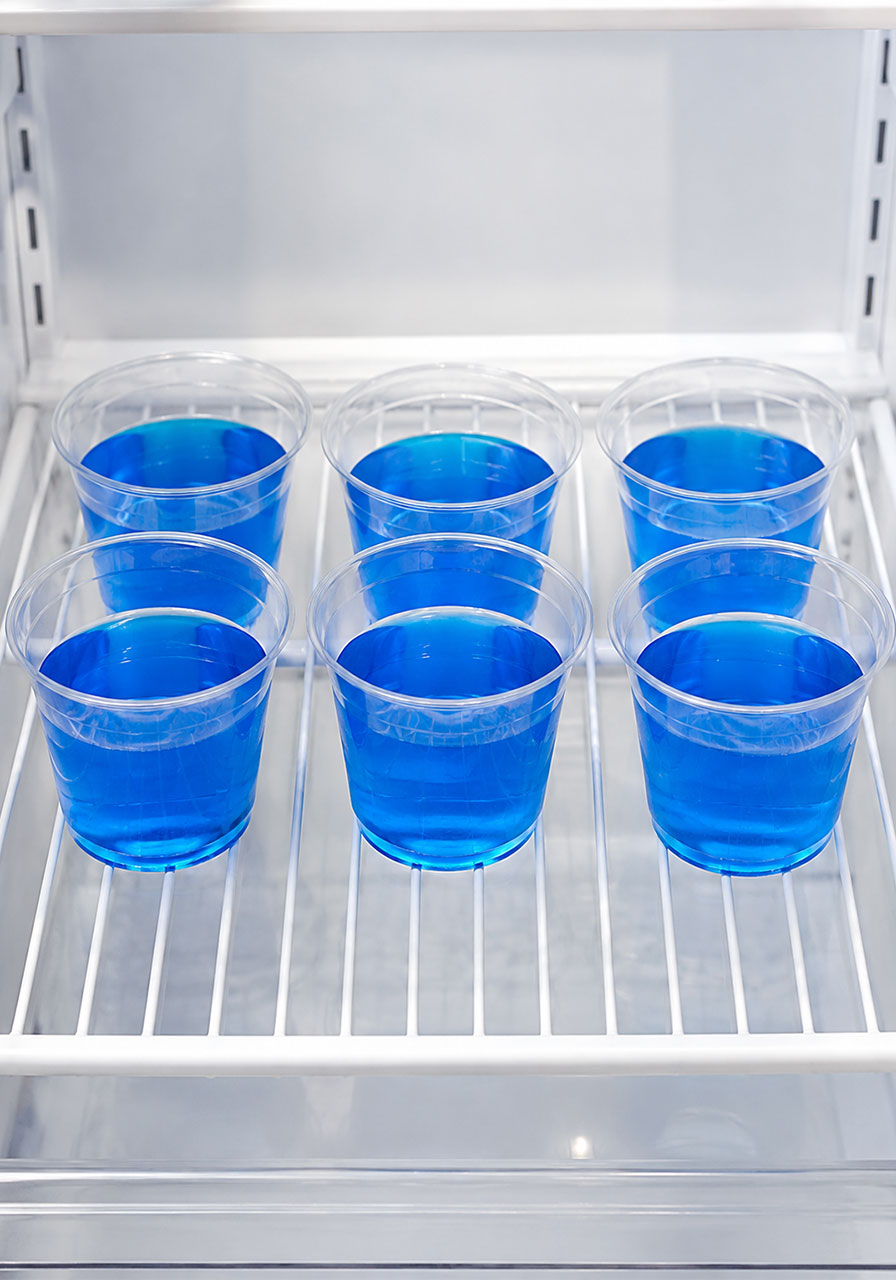 Six clear plastic cups filled with Berry Blue Jello chilling in the refrigerator – step one of making Swimming Bears pool party Jello cups