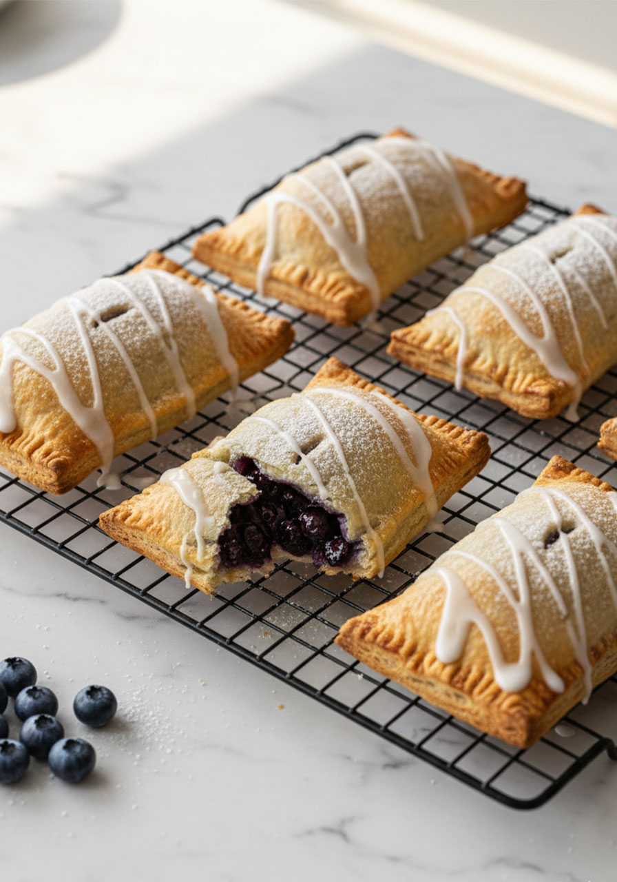 Golden flaky blueberry hand pies with white icing drizzle on a cooling rack — homemade pool party finger food for kids