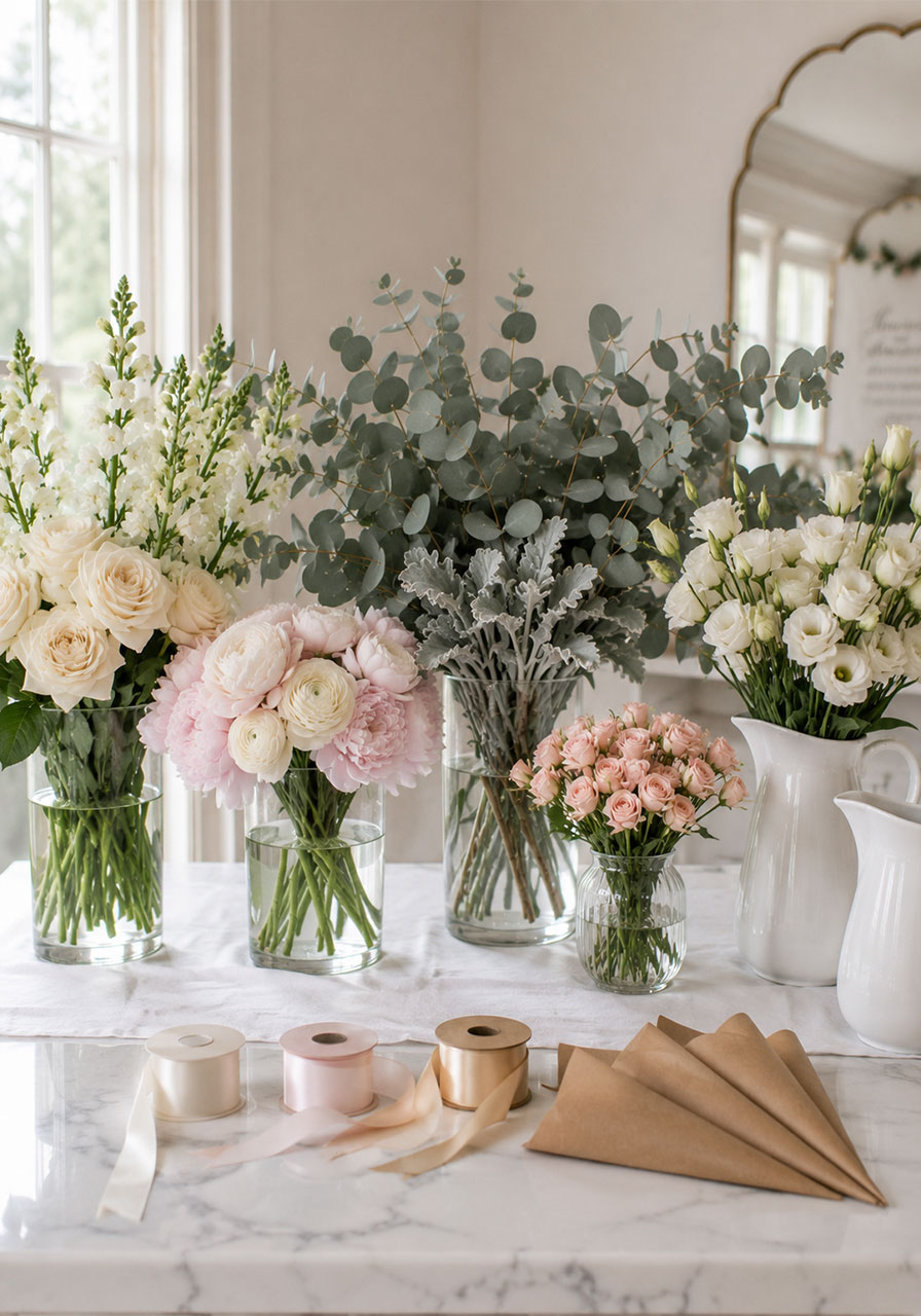 Elegant blush and ivory bridal shower flower bar with roses peonies ranunculus and eucalyptus in glass vases on white marble table