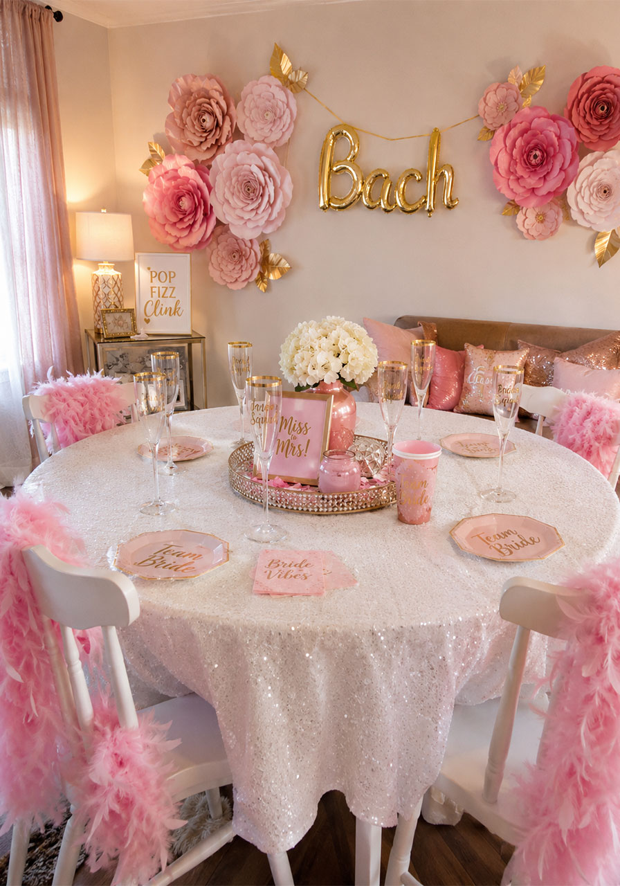 Pink feather boa bachelorette party decorations with gold banner and paper wall flowers