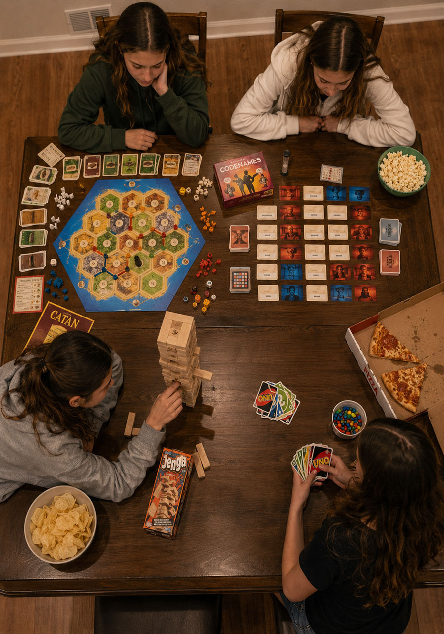 Teen girls playing board game marathon at birthday party with Catan Jenga and Uno spread on table