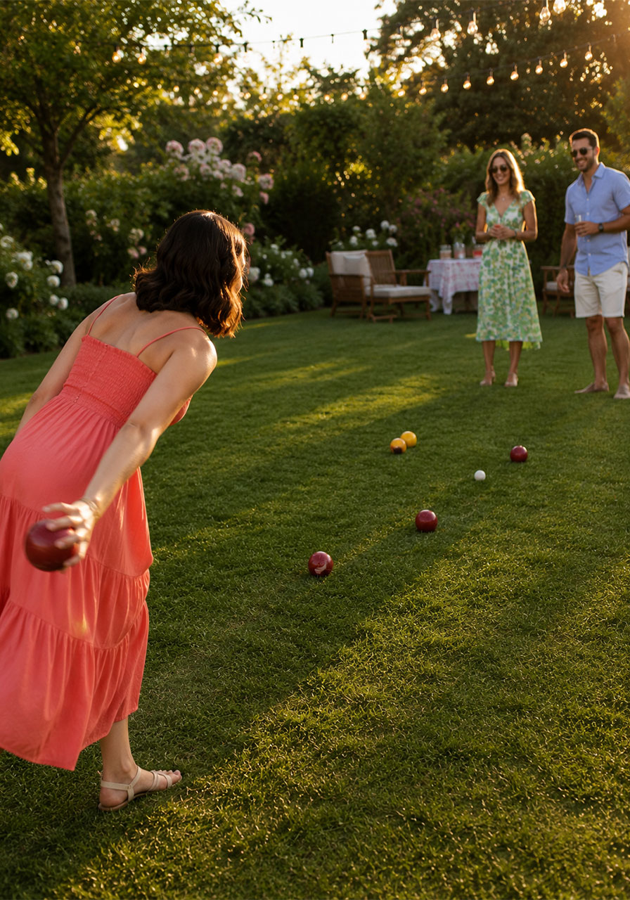 Woman throwing bocce ball toward pallino at outdoor backyard summer party lawn game