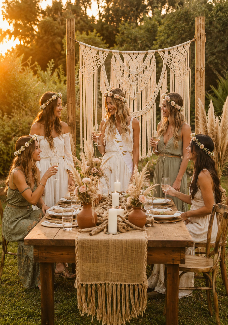 Boho bride bachelorette party decorations with pampas grass, flower crowns, and macramé at golden hour