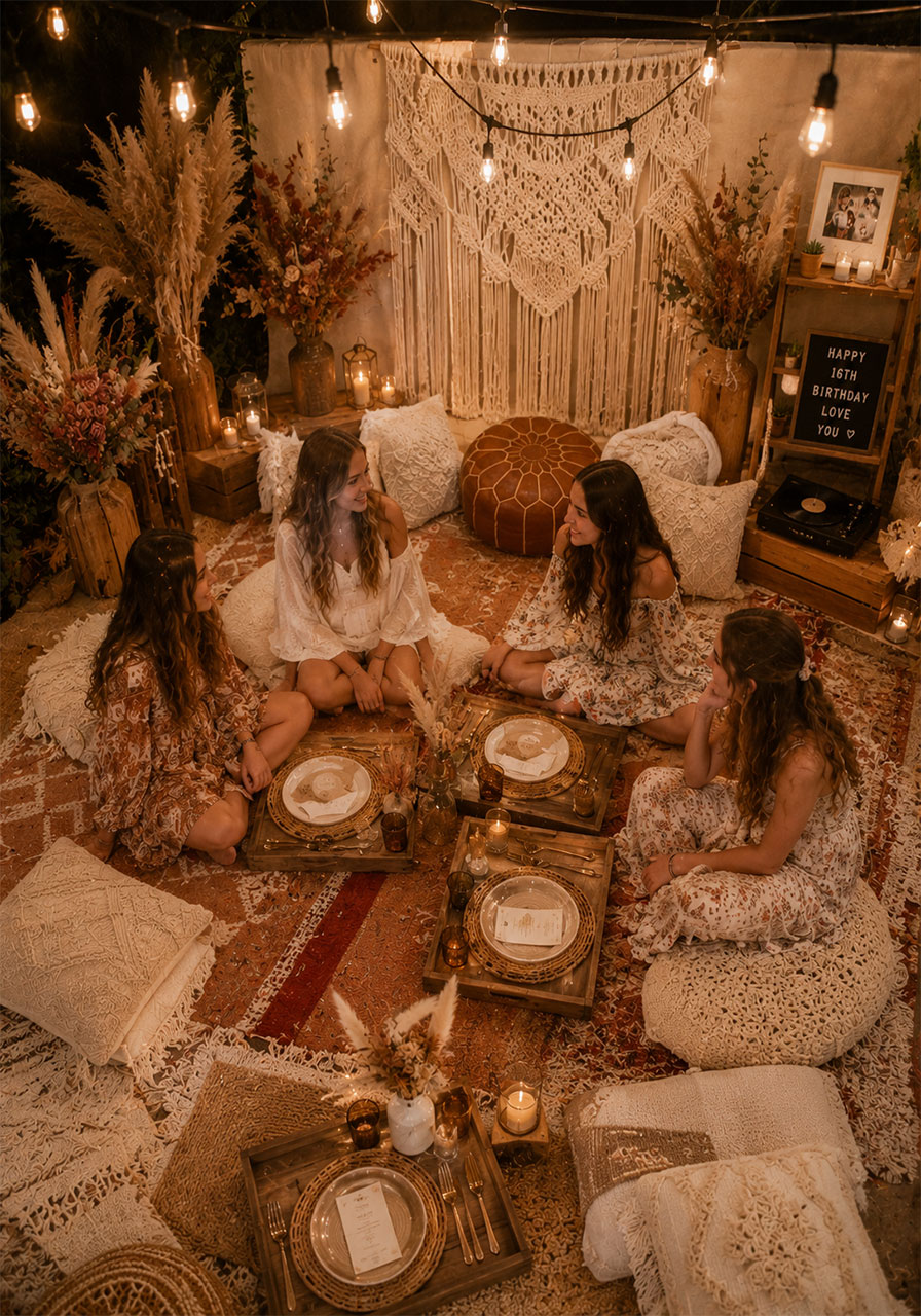 Boho chic birthday party with macramé wall hanging pampas grass and floor cushion seating for teen girls